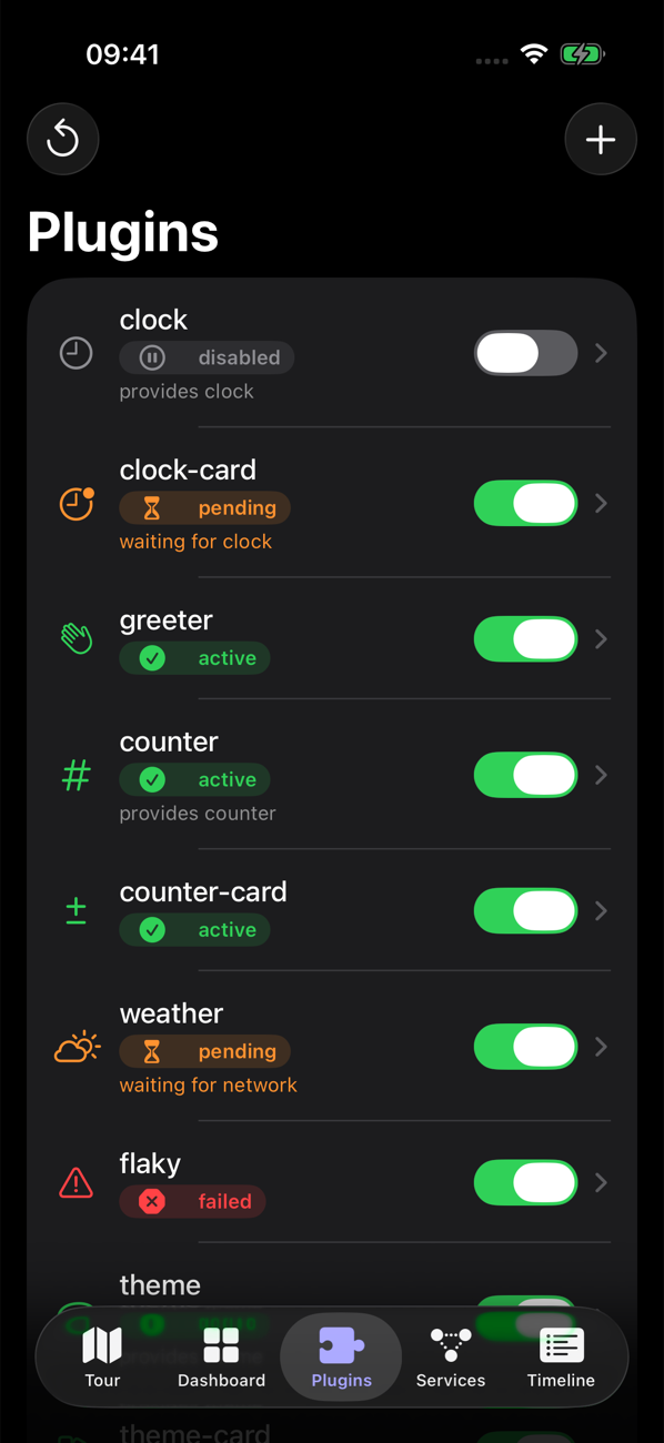 Plugins tab: each entry with its live state and an enable switch